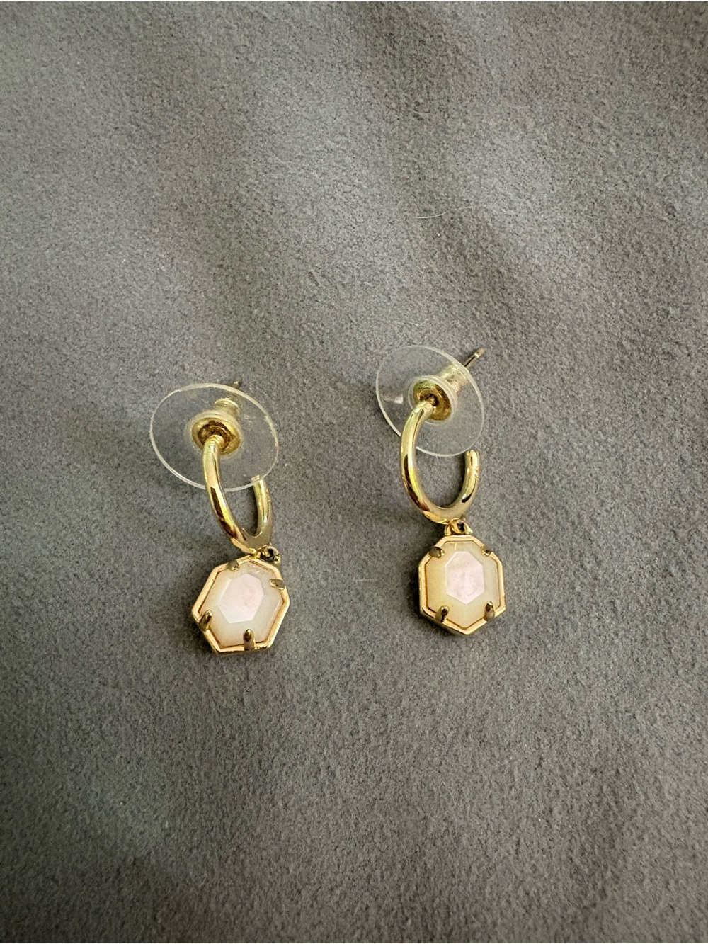 Kendra Scott Gold Hoops with mother of pearl ivory Hexagon Drops